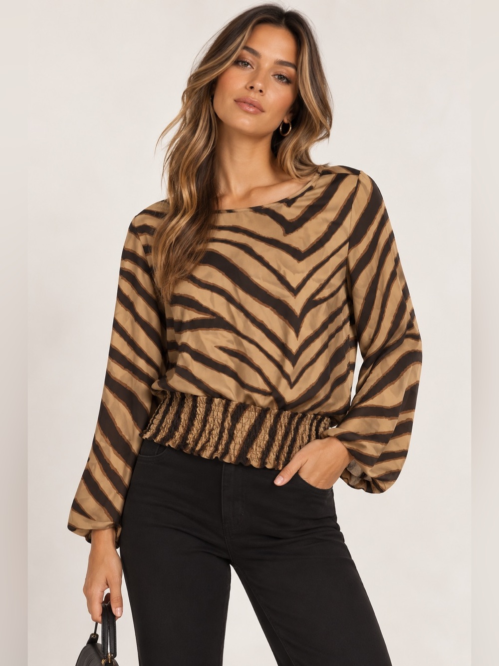 Michael Kors Tan and Brown Zebra-Print Smocked Hem Blouse